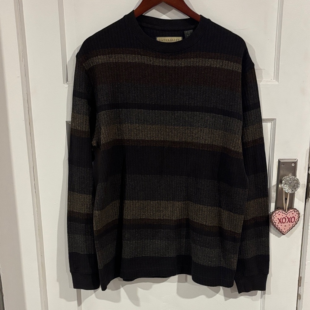 Naturalife 100% CottonMen's Crewneck Sweater - Black and Brown Stripes